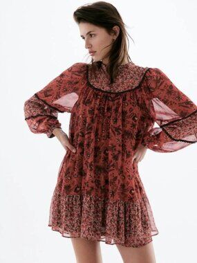 Zara Women's Rust Floral Sheer Long-Sleeve Tunic / Mini Dress